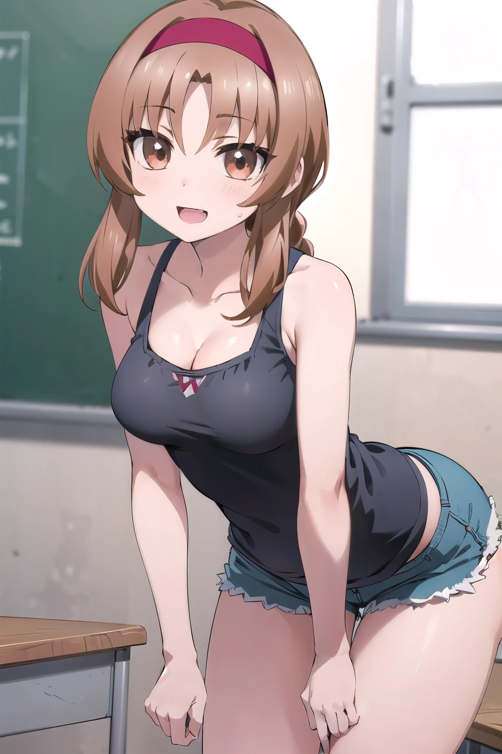 masterpiece, best quality, ultra-detailed, extremely detailed, illustration, leaning forward, 1girl, solo, takao,  wearing white tank top, booty tight shorts, small breasts, thighs, smile, open mouth, classroom, cleavage, indoors, cowboy shot, nice big butt, big ass, thick thighs 