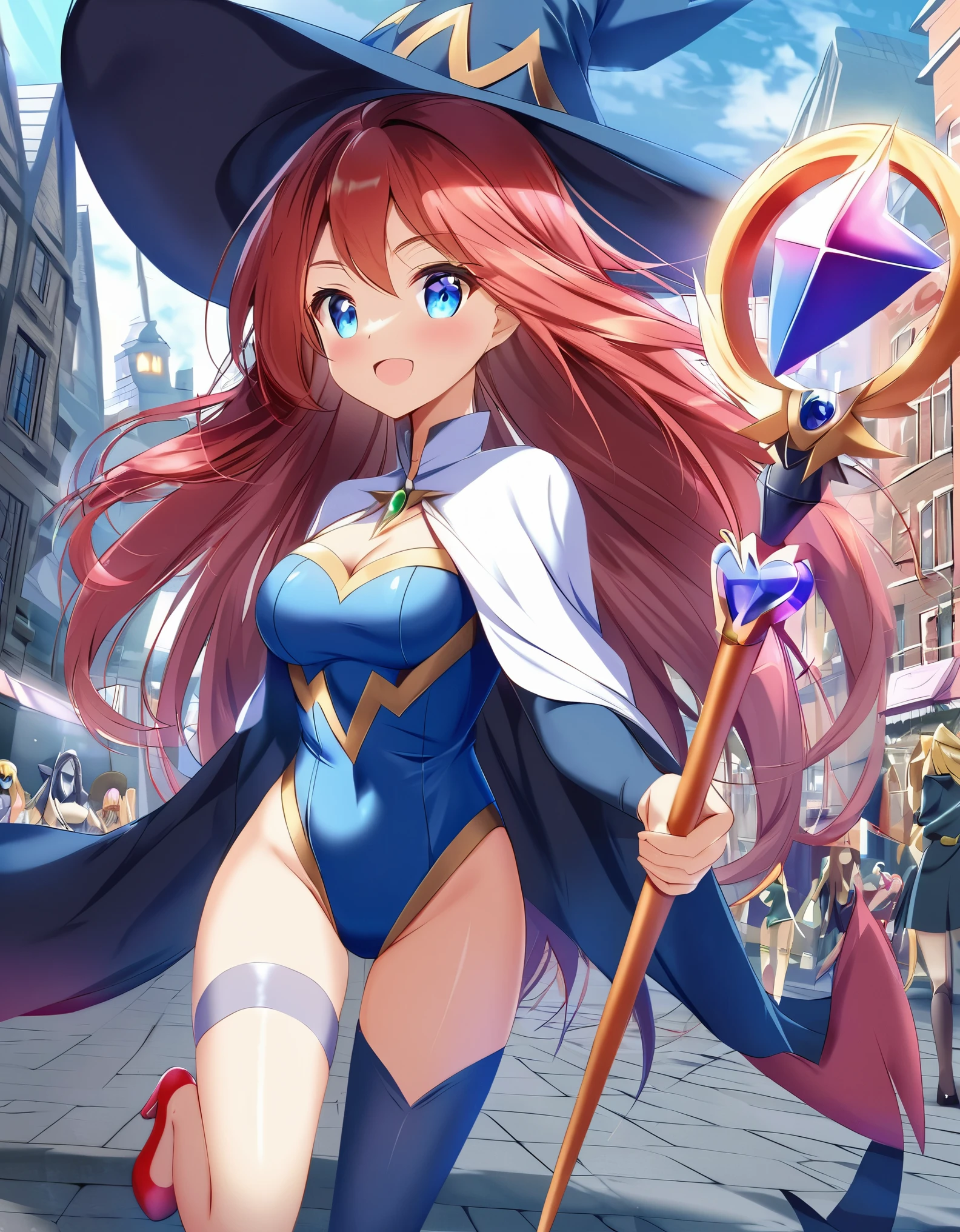  a cartoon of a woman dressed in a superhero costume holding a wand, witch academia, superhero sorceress witch, glamorous angewoman digimon, sky witch, by Aguri Uchida, maya ali as a lightning mage, city backdop, leotard, blue leotard with white accent, bare legs, blue thigh-highs, red high heels, witch hat, red hair, long hair, blue eyes, beautiful detailed eyes, beautiful detailed face, cute face, medium breasts, age 16-18, solo, solo focus, wonder. 