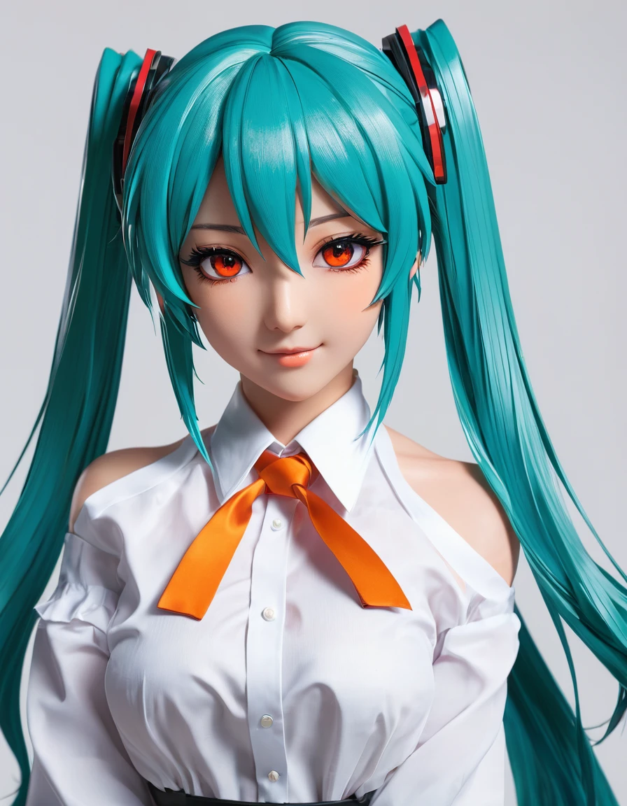 (highest quality、masterpiece、High resolution、detailed)、(Shining eyes、detailed beautiful face)、, BREAK,masterpiece, Hatsune Miku, white shirt, blue tie, bare shoulders, Separated sleeves, evil smile, black skin, red eyes, black eye, Orange eyes,, BREAK,beautiful anime、dynamic angle, stephen lau and artgerm, as seen on artgerm, artgerm julie bell beeple, stanley artgerm lau, artgerm and ben lo, portrait , artgerm on artstation pixiv, posing for photoshoot, beautiful sexy and beautiful and attractive