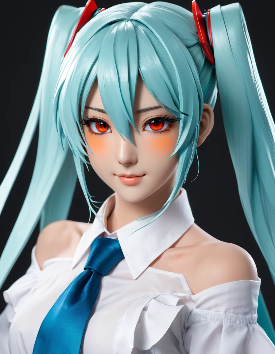 (highest quality、masterpiece、High resolution、detailed)、(Shining eyes、detailed beautiful face)、, BREAK,masterpiece, Hatsune Miku, white shirt, blue tie, bare shoulders, Separated sleeves, evil smile, black skin, red eyes, black eye, Orange eyes,, BREAK,beautiful anime、dynamic angle, stephen lau and artgerm, as seen on artgerm, artgerm julie bell beeple, stanley artgerm lau, artgerm and ben lo, portrait , artgerm on artstation pixiv, posing for photoshoot, beautiful sexy and beautiful and attractive