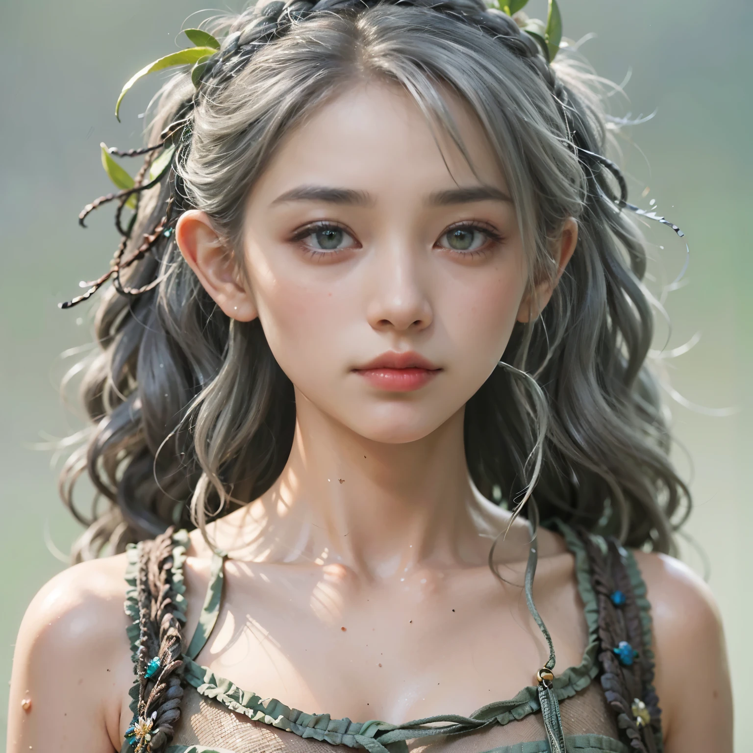 Goblin and human fusion、beautiful girl、very beautiful face、Braid、gray hair, Simple clothes、sweaty skin、green skin、I'm embarrassed、blush、Super detailed、Super realistic、(masterpiece, best quality:1.2), (8k uhd, 16k, 32k, ultra high res),