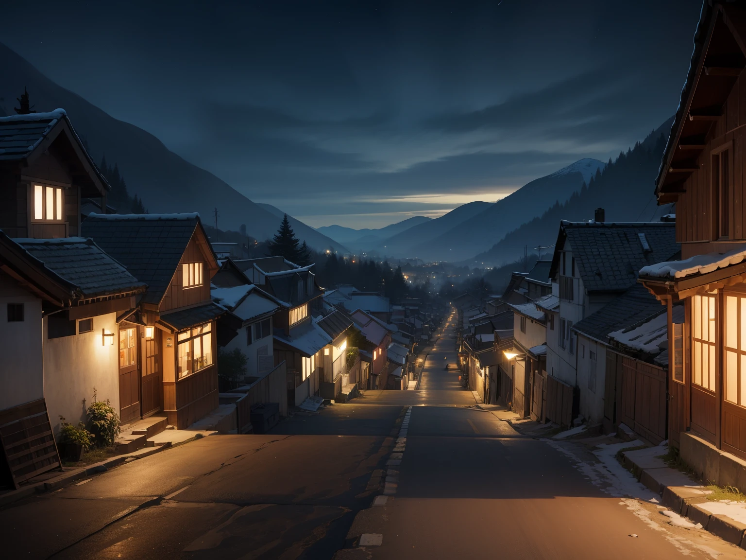 Poor streets of a small mountain village, Villagers, Old houses, very detailed, night, frowning, terrifying, overlooking