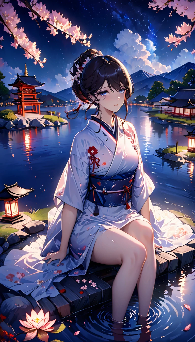 beautiful woman，Full body soaked in water，８head and body，Japanese clothing，night，月night，Clouds purple and blue，Fine starry sky，wet skin，sexy，Sadness，glossy，Mature sex appeal，Sit on the water，water splash on background，water dripping，The kimono is transparent，Eye color is indigo，take your eyes off，Detailed facial expressiony eyes are sparkling，firefly light，A lantern floating on the water，Lights scattered in the background，Japan shrine in the background，night桜，Cherry blossom petals on the water surface，White lotus flower on the water surface，flower lantern