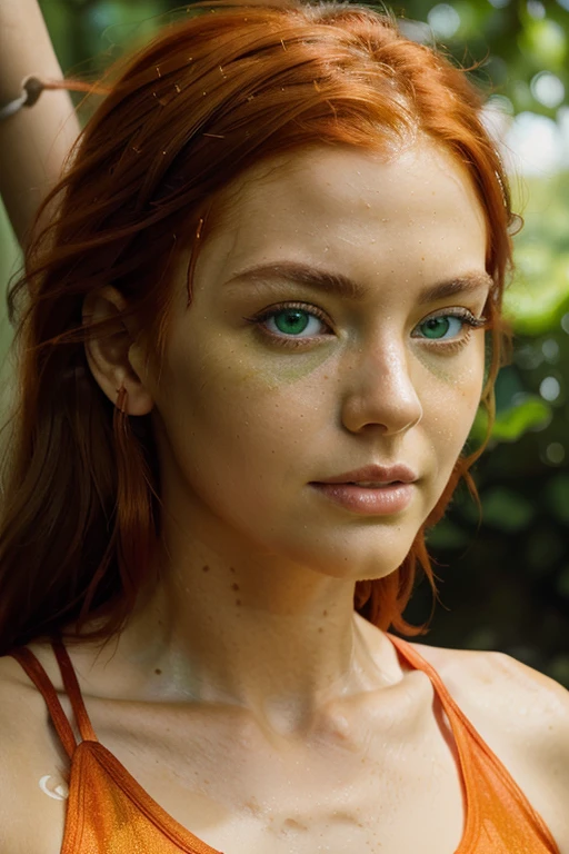 ((close up portrait)) With her ((bright fiery red hair cascading like molten silk)), slender fit, athletic build . lightly tanned skin. (((bright green eyes))), ultra real, cinematic, high detail
