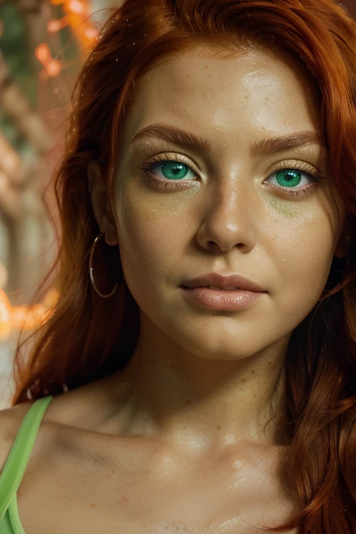 ((close up portrait)) With her ((bright fiery red hair cascading like molten silk)), slender fit, athletic build . lightly tanned skin. (((bright green eyes))), ultra real, cinematic, high detail