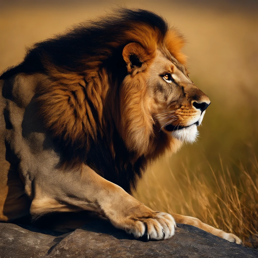 A lion roaring at the peek of a rock whute in color with its main 