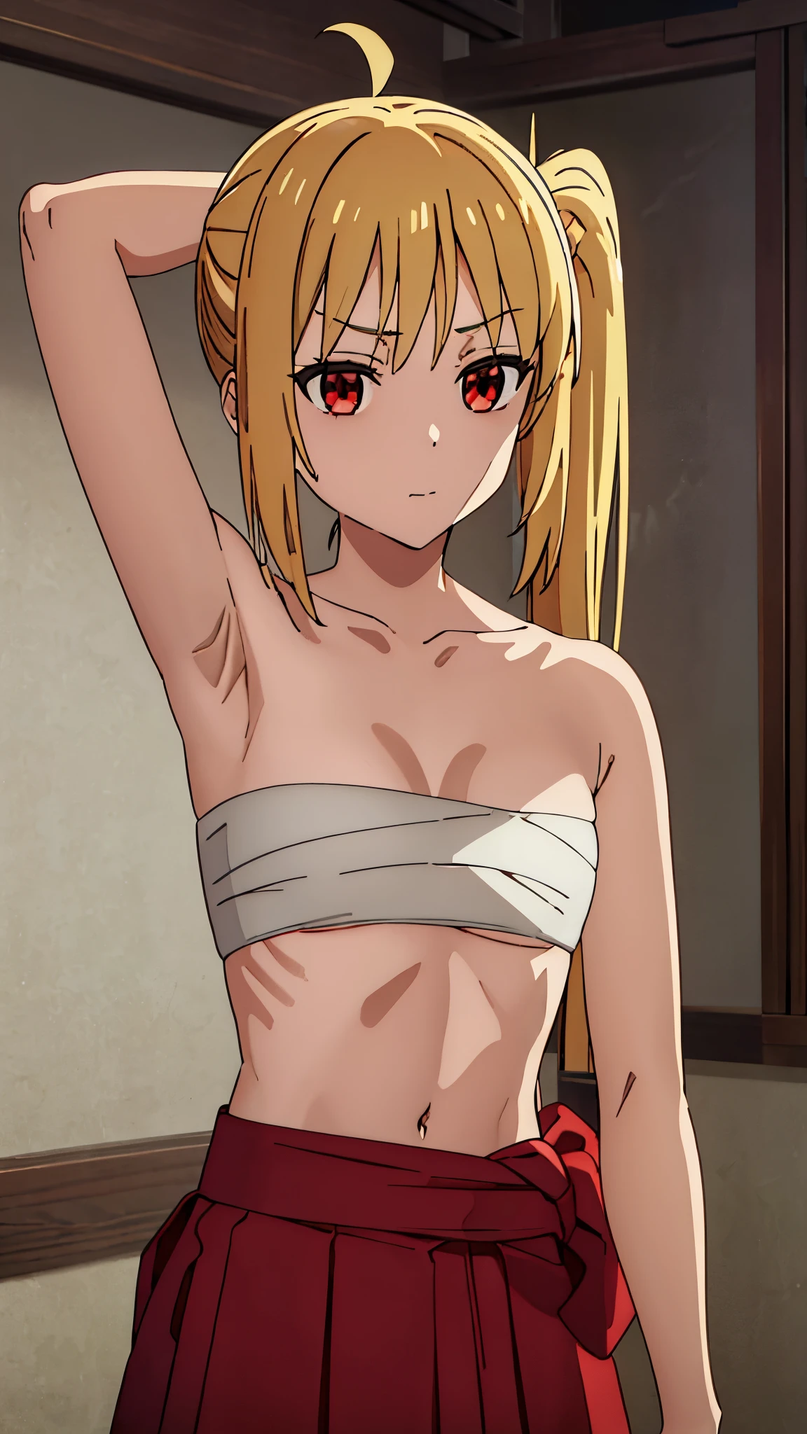 short girl, masterpiece, highres, solo, 8k, detailed, perfect face, best quality, (ultra high quality), (looking at viewers), (armpit), collarbone, bare arms, bare shoulders, small breast, cleavage, blonde hair, long hair, side ponytail, ahoge, red eyes, belly, stomach, navel, abs, sarashi chest, bandaged breast, (red hakama), slim body, upper body, emotionless, flat face, closed mouth, at forest, hand up