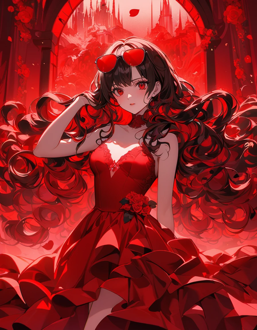 Wearing a red dress《One Piece》Nicole Robin is surrounded by roses, black long curly hair,No bangs in the middle distribution,Sunglasses on your head hold your hair,in a red dream world, in red background, rich red colors, vibrant red colors, Extremely colorful,red tint, red mood in background, falling red petals, Very red, Woman in red dress, Hot body,red colour, red colour, Red atmosphere, Red theme, beautiful gorgeous digital art, red tint