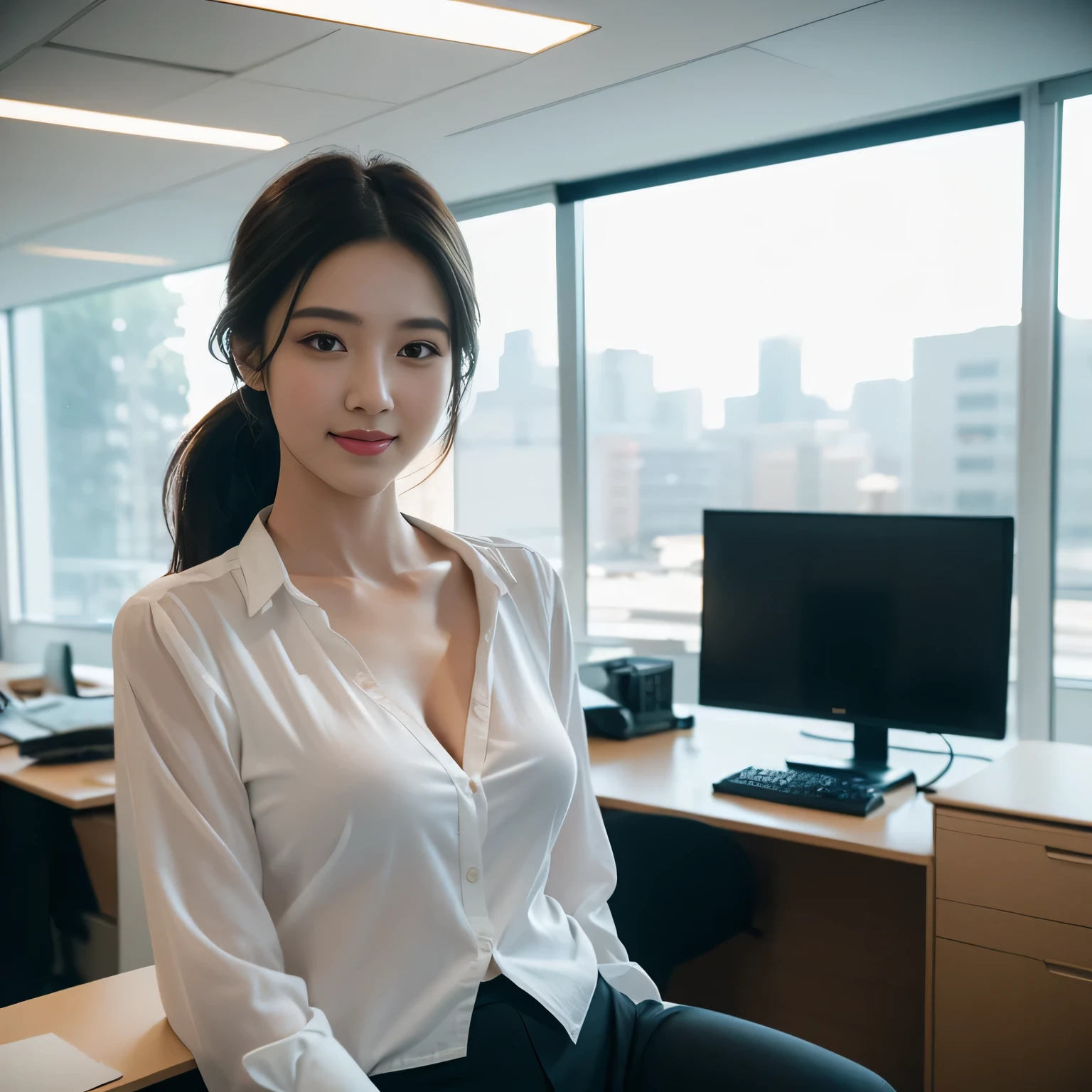 beautiful girl, 1girl, solo, korean Female Model, dynamic poses, ((smile)), ((office shirt)), ((wearing lanyard)), name tag, long ponytail hair,black eyes, (((plumpy body))), sfw, (medium breast:1.3), cleavage, Morning sunshine,Eyes on the audience, ((dynamicposes)),((dynamicbackground)), ((face details)),Double eyelids, reeds, realistic, masterpiece, highest quality, lens flare, shade, ((corporate office background)), [[chromatic aberration]], by Jeremy Lipking, by Antonio J. Manzanedo, digital painting, HDR, high contrast
