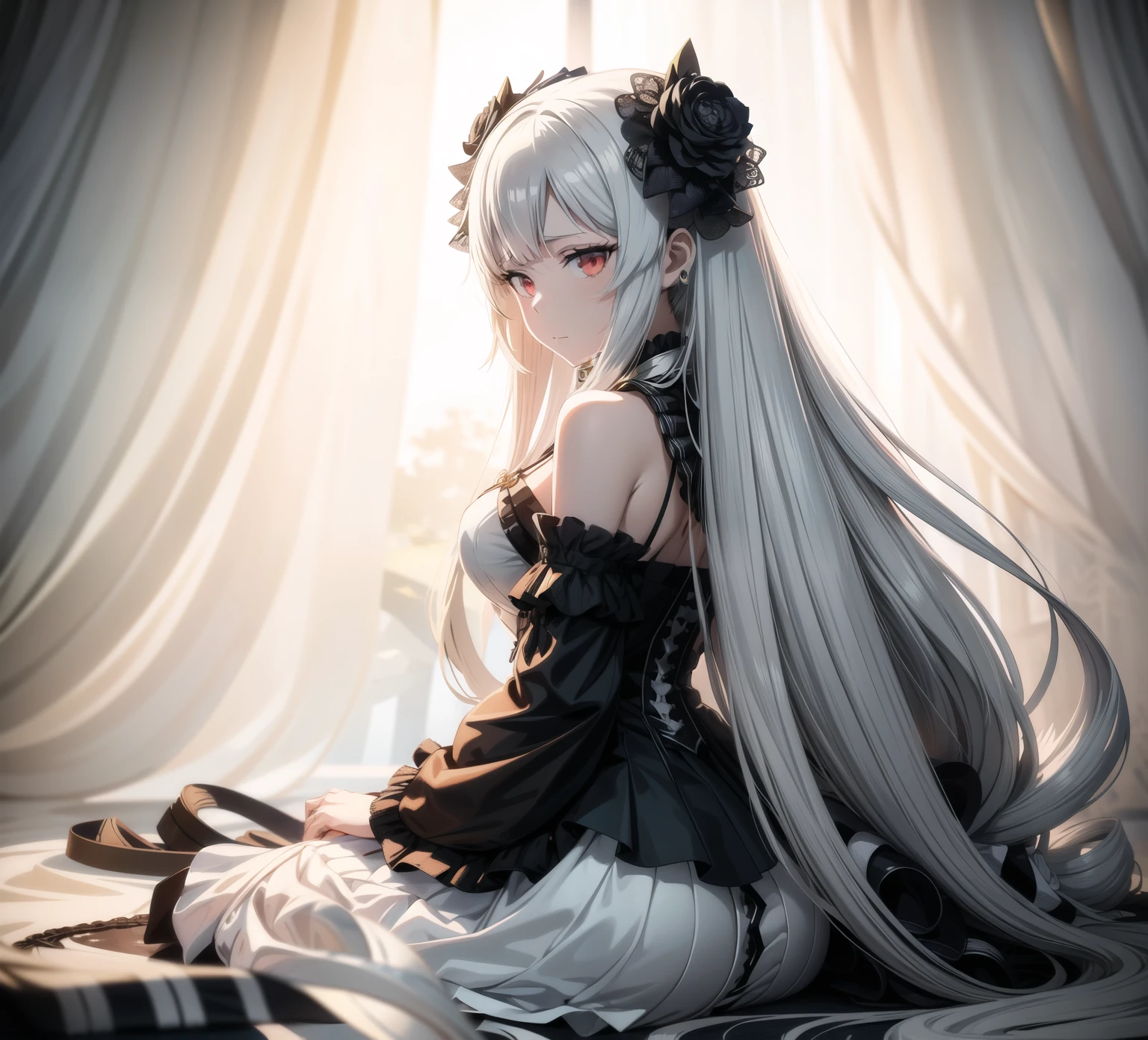 anime girl with long hair and a white dress sitting on a black and grey striped background, fine details. anime. tentacles, anime demoness, from girls frontline, cushart krenz key art feminine, android heroine, fine details. girls frontline, anime monster girl, hq artwork, lamia, lolish, girls frontline cg, official anime artwork
