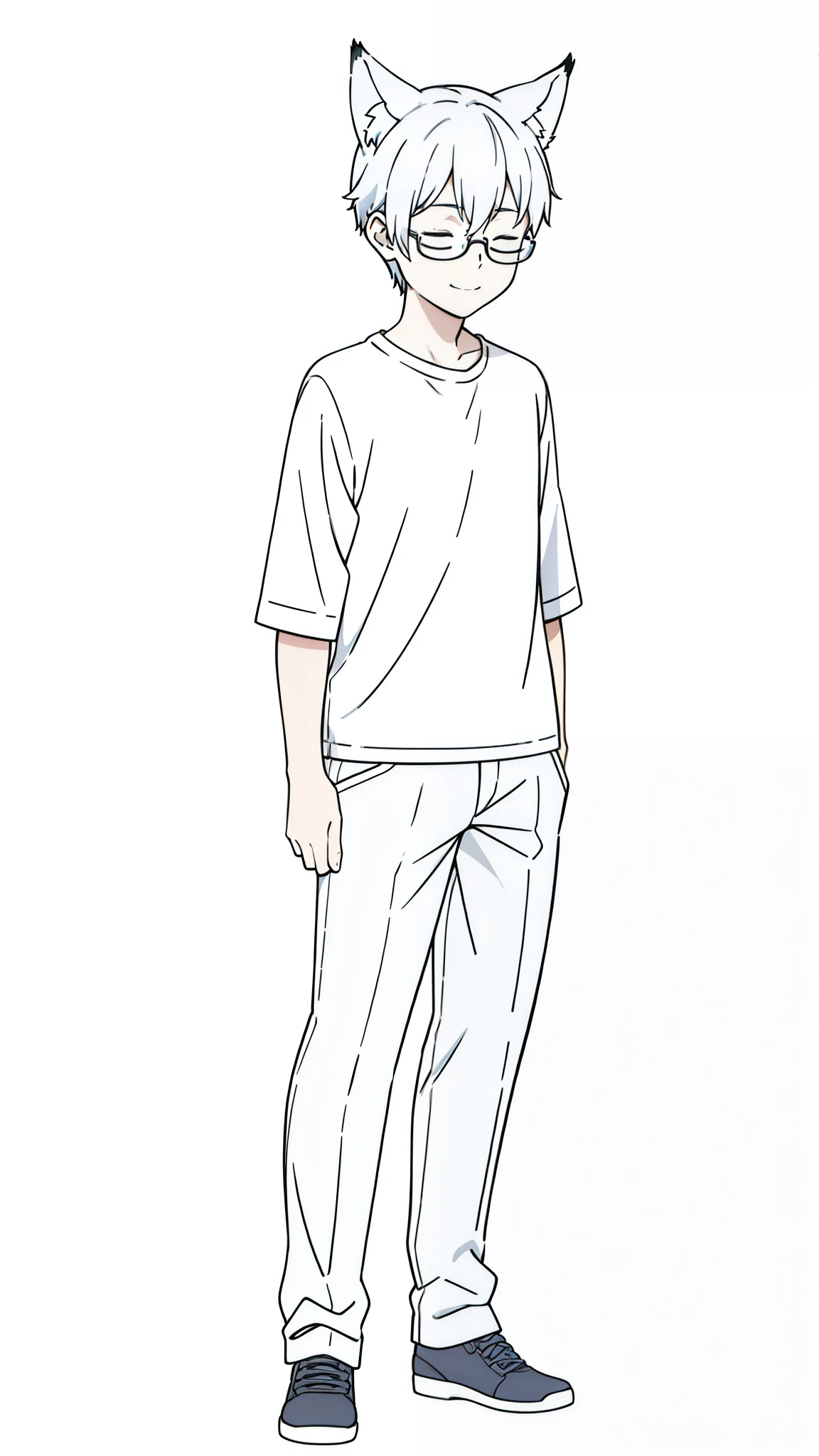 (1boy,10 years old),solo,happy,white hair,short hair,fox ears,casual outfit shot,(white background,line drawing),white glasses,closed eyes,smile