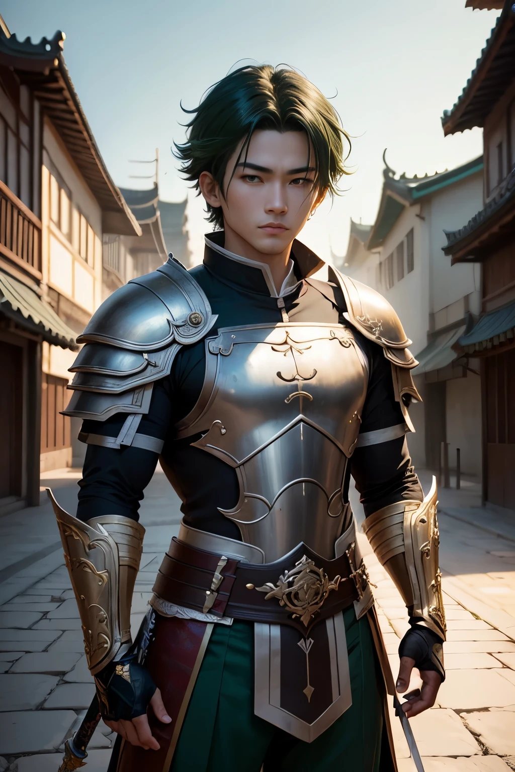 8k,Photorealistic Fotografia RAW maximum quality;1.4) (1 atendente juvenil) menino super lindo (rosto realista) Shonen Demon Slayer Moicano de cabelo preto Exterior verde e branco Green and white pants Golden decoration Beautiful expression Super high resolution Um sorriso detalhe preciso real looking skin Equipe uma espada na cintura Of sword and armor in an urban setting by Jan J, Garoto bonito na arte do Demon Slayer, estilo de arte g liulian, chengwei pot at art station, Yangjun Chen, Zhao Yun, Inspirado por Zhang Senyao, por Leng Mei, por Victor Wang, Xianxia Hero, Por Zhou Fang, por Yang Jin