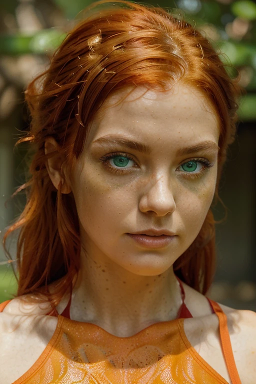 ((close up portrait)) With her ((bright fiery red hair cascading like molten silk)), slender fit, athletic build . lightly tanned skin. (((bright green eyes))), ultra real, cinematic, high detail, scottish