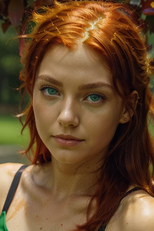 ((close up portrait)) With her ((bright fiery red hair cascading like molten silk)), slender fit, athletic build . lightly tanned skin. (((bright green eyes))), ultra real, cinematic, high detail, scottish
