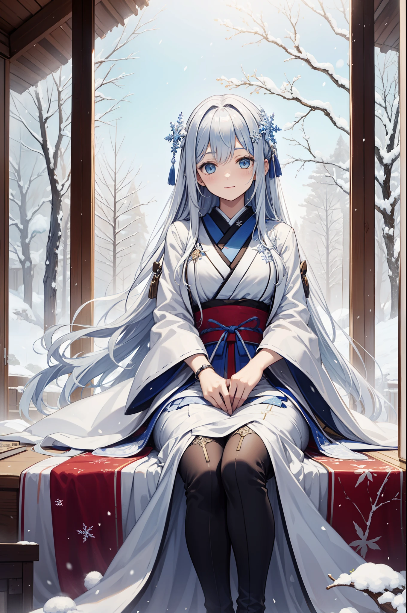 saints,Attractions,having fun,in love,(Western magic white dress),silver hair,blue eyes,Suitable for transparent clothes,Decoration of saints,Sky blue cloth,Snowflake pattern,Sky blue pattern,snowy night,Transparent lace,exquisite clothing,sitting position,the only person,Japanese garden,(night:1.1),snow,(Long suspender boots:1.1),Exquisite and beautiful face,sitting position,snowstorm