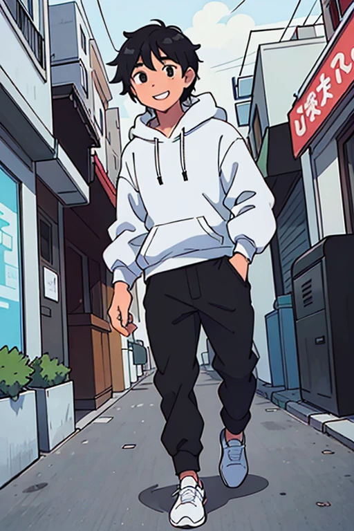 (best quality: 0.8) perfect anime illustration, a happy man with short straight black hair on the street in the city, wearing a white hoodie, long black pants, and white shoes