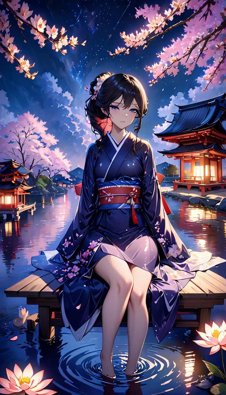 beautiful woman，Full body soaked in water，８head and body，Japanese clothing，night，月night，Clouds purple and blue，Fine starry sky，wet skin，sexy，The clothes stick to the skin，Sadness，glossy，Mature sex appeal，Sit on the water，water splash on background，water dripping，The kimono is transparent，Eye color is indigo，take your eyes off，Detailed facial expressiony eyes are sparkling，firefly light，A lantern floating on the water，Lights scattered in the background，Japan shrine in the background，night桜，Cherry blossom petals on the water surface，White lotus flower on the water surface，flower lantern