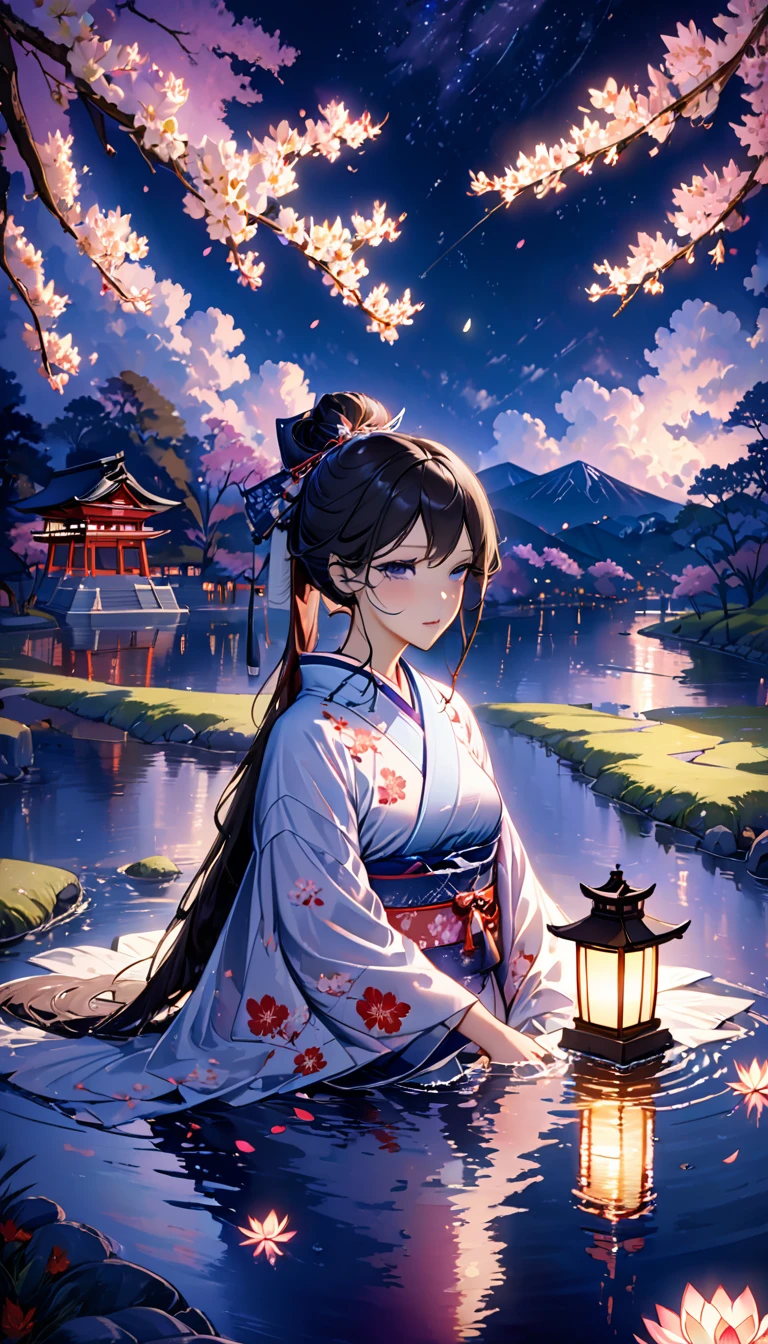 beautiful woman，Full body soaked in water，８head and body，Japanese clothing，night，月night，Clouds purple and blue，Fine starry sky，wet skin，sexy，The clothes stick to the skin，Sadness，glossy，Mature sex appeal，Sit on the water，water splash on background，water dripping，The kimono is transparent，Eye color is indigo，take your eyes off，Detailed facial expressiony eyes are sparkling，firefly light，A lantern floating on the water，Lights scattered in the background，Japan shrine in the background，night桜，Cherry blossom petals on the water surface，White lotus flower on the water surface，flower lantern