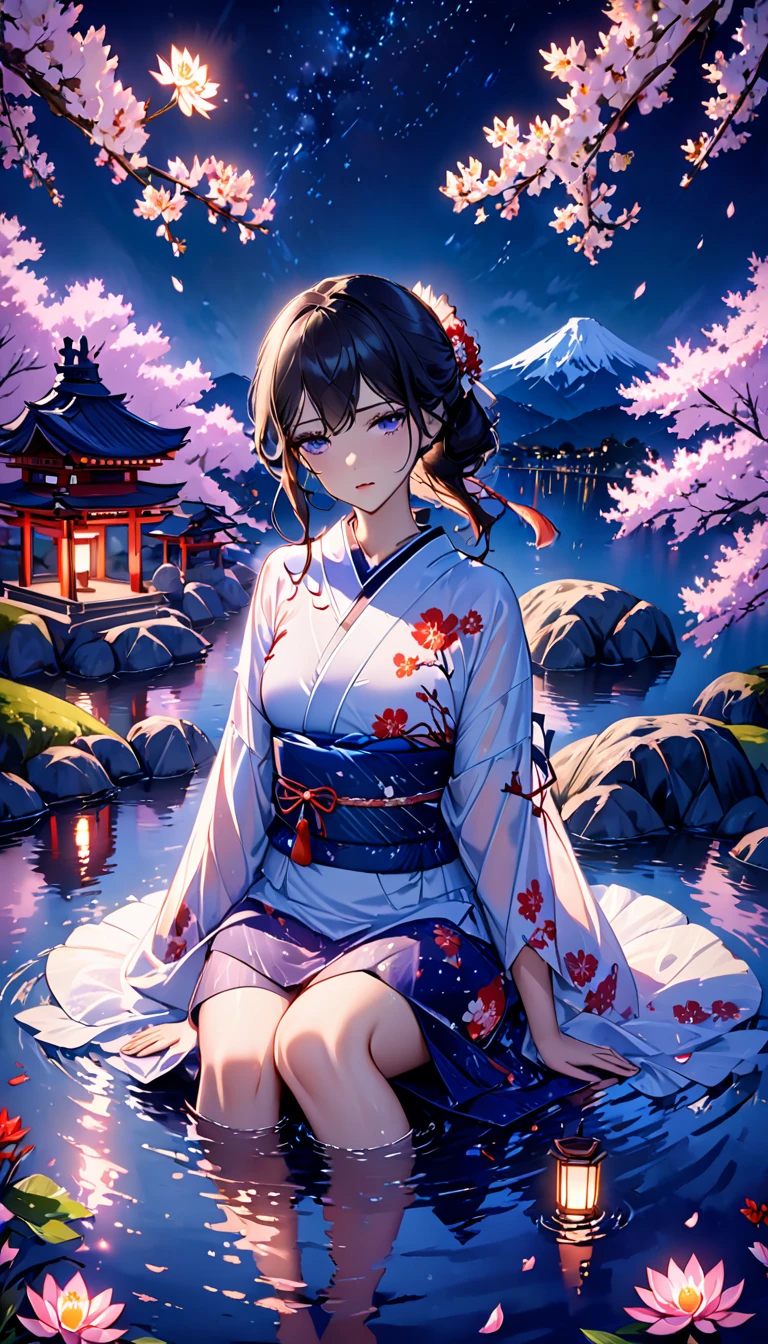 beautiful woman，Full body soaked in water，８head and body，Japanese clothing，night，月night，Clouds purple and blue，Fine starry sky，wet skin，sexy，The clothes stick to the skin，Sadness，glossy，Mature sex appeal，Sit on the water，water splash on background，water dripping，The kimono is transparent，Eye color is indigo，take your eyes off，Detailed facial expressiony eyes are sparkling，firefly light，A lantern floating on the water，Lights scattered in the background，Japan shrine in the background，night桜，Cherry blossom petals on the water surface，White lotus flower on the water surface，flower lantern