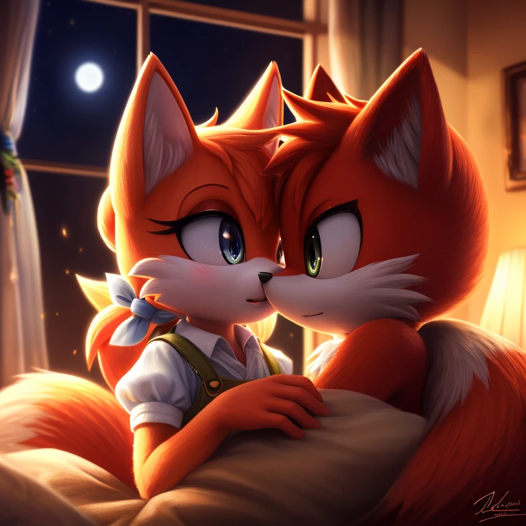 Male,fox,red fur,student,ager,Female,hedgehog,black fur,in love,together,kissing,detailed eyes,masterpiece:1.2,8k,ultra-detailed,realistic,photorealistic:1.37,portraits,vivid colors,studio lighting,physically-based rendering,sharp focus,bokeh,romantic,sunset lighting
