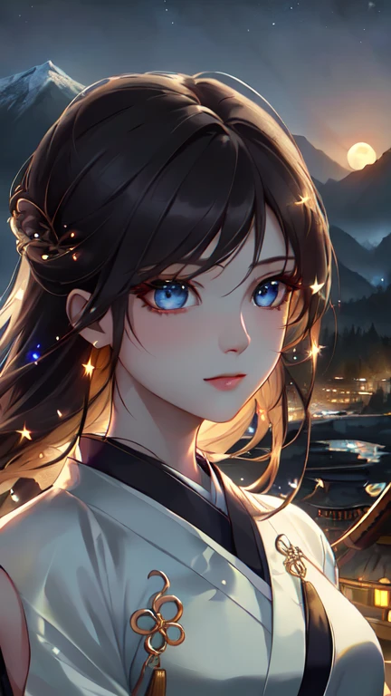 best quality, masterpiece, highres,
1girl, Detailed face, (Upper body:1.6), Chinese cities, mountains and rivers, end of sunset, moonlight, starry night, firefly lights, Realistic, rich in detail, (White hanfu:1.2), (beautiful body:1.4),  epic, intricate