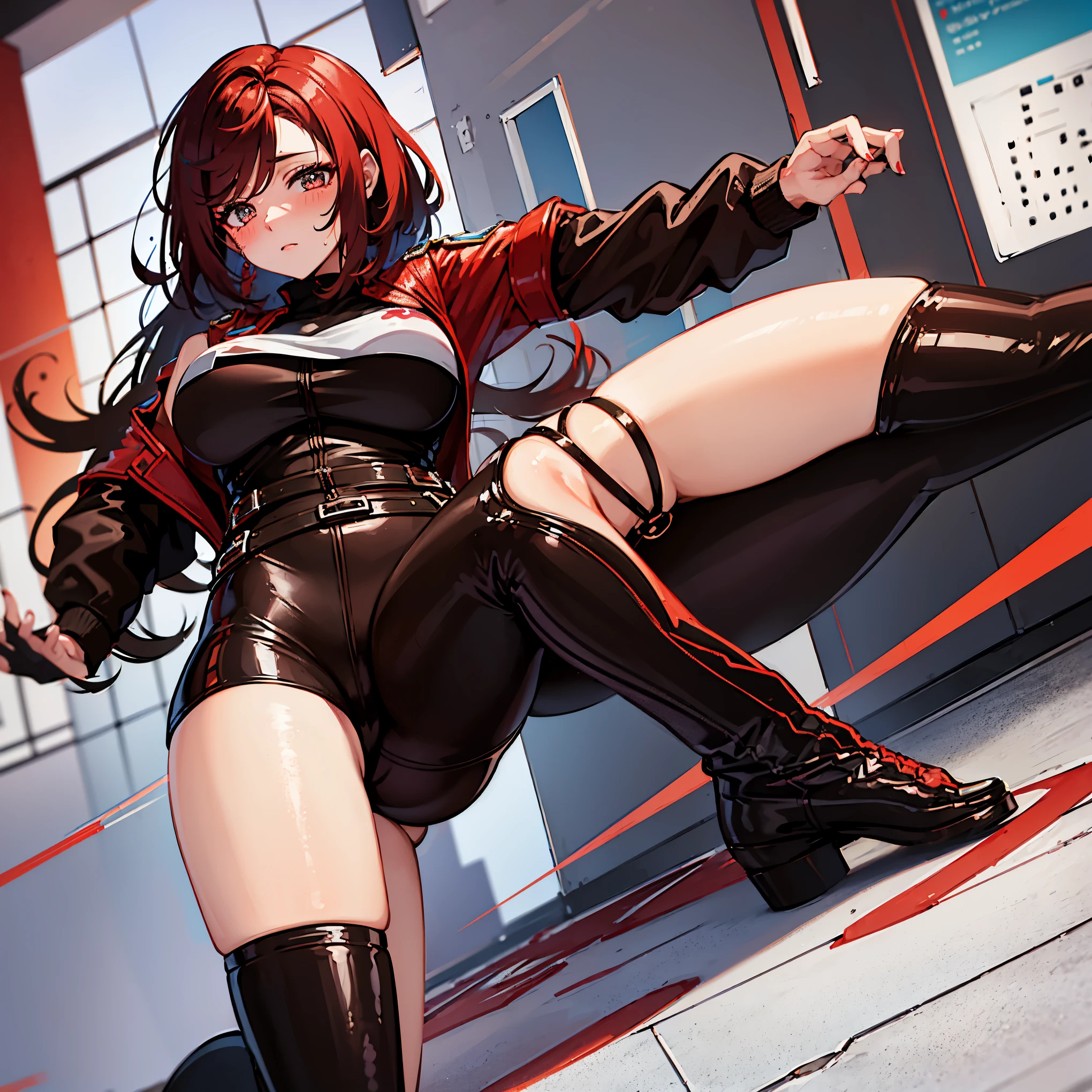 tmasterpiece,High-quality,An anime girl,sexy for,The beautiful woman,messy long red hair,short detailed hair,With bangs,Shy,Blushing,Tsundere ,Good figure,wearing black biker jumpsuit red short leather jacket with long sleeves biker shorts showing highlighting her plump ass , her overall clothing highlights her beautiful and seductive figure, lence stockings,Sweaty,Correct limbedium breasts,Cute breasts,perfect hand,30years old