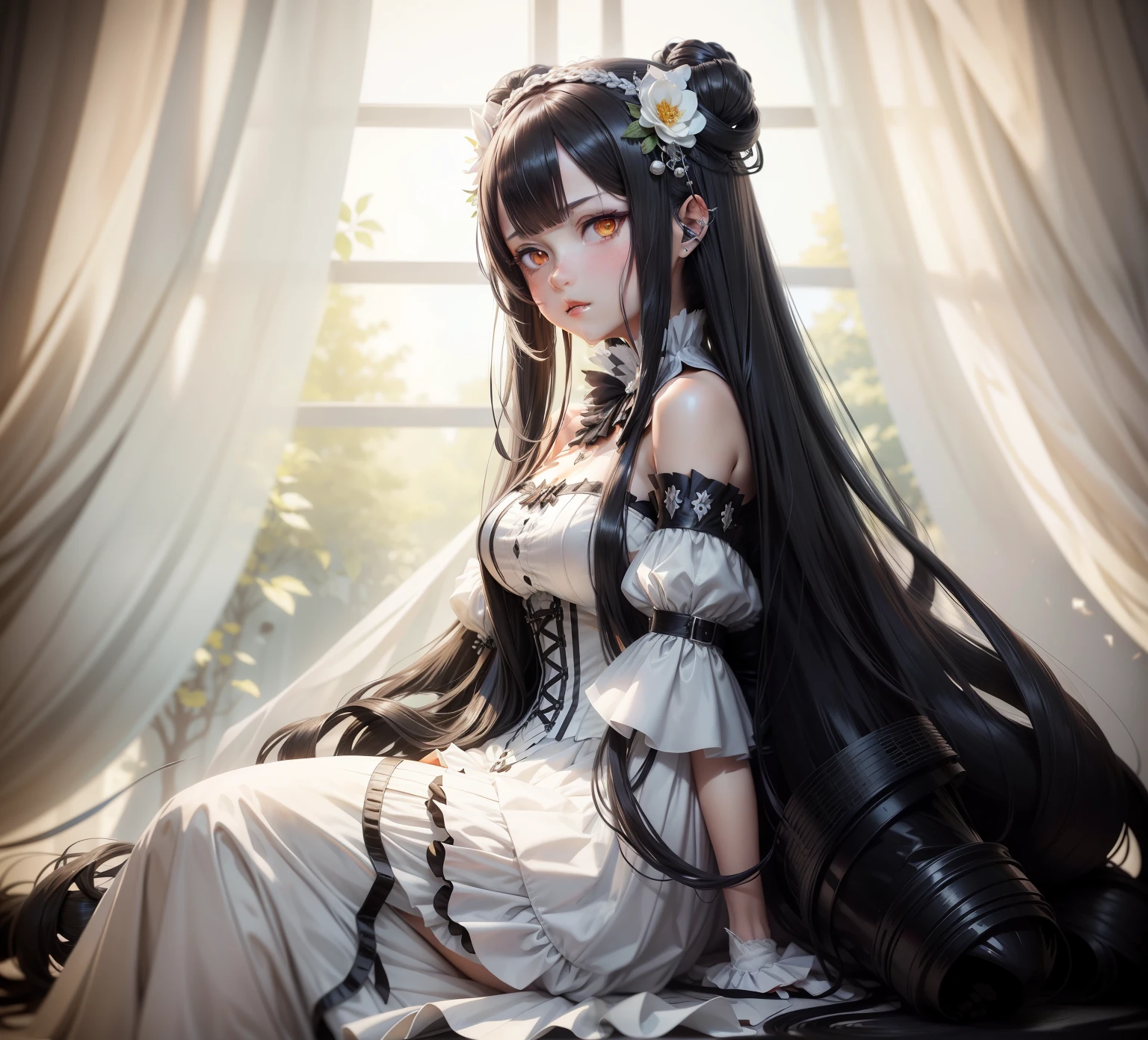 anime girl with long hair and a white dress sitting on a black and grey striped background, fine details. anime. tentacles, anime demoness, from girls frontline, cushart krenz key art feminine, android heroine, fine details. girls frontline, anime monster girl, hq artwork, lamia, lolish, girls frontline cg, official anime artwork