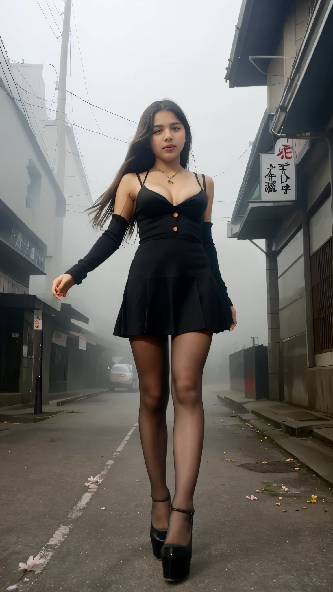 Beautiful 13 year old Indian ager, long hair, dress, falling straps, small cleavage, pantyhose, high heels, Japanese rural street, cherry blossoms, fog, sexy pose, Silent Hill world, scary creature attack