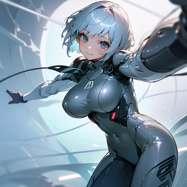 (very good, Professional, Surreal), She is wearing a black bodysuit, The suit has blue energy lines, Silver Hair, ponytail, blue eyes, Simple Background