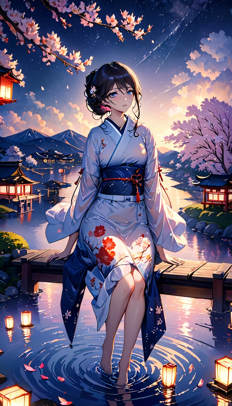 beautiful woman，Full body soaked in water，８head and body，Japanese clothing，night，月night，Clouds purple and blue，Fine starry sky，wet skin，sexy，The clothes stick to the skin，Sadness，Attractive，Mature sex appeal，Sit on the water，water splash on background，water dripping，The kimono is transparent，Eye color is indigo，take your eyes off，Detailed facial expressiony eyes are sparkling，firefly light，A lantern floating on the water，Lights scattered in the background，Japan shrine in the background，night桜，Cherry blossom petals on the water surface，White lotus flower on the water surface，flower lantern