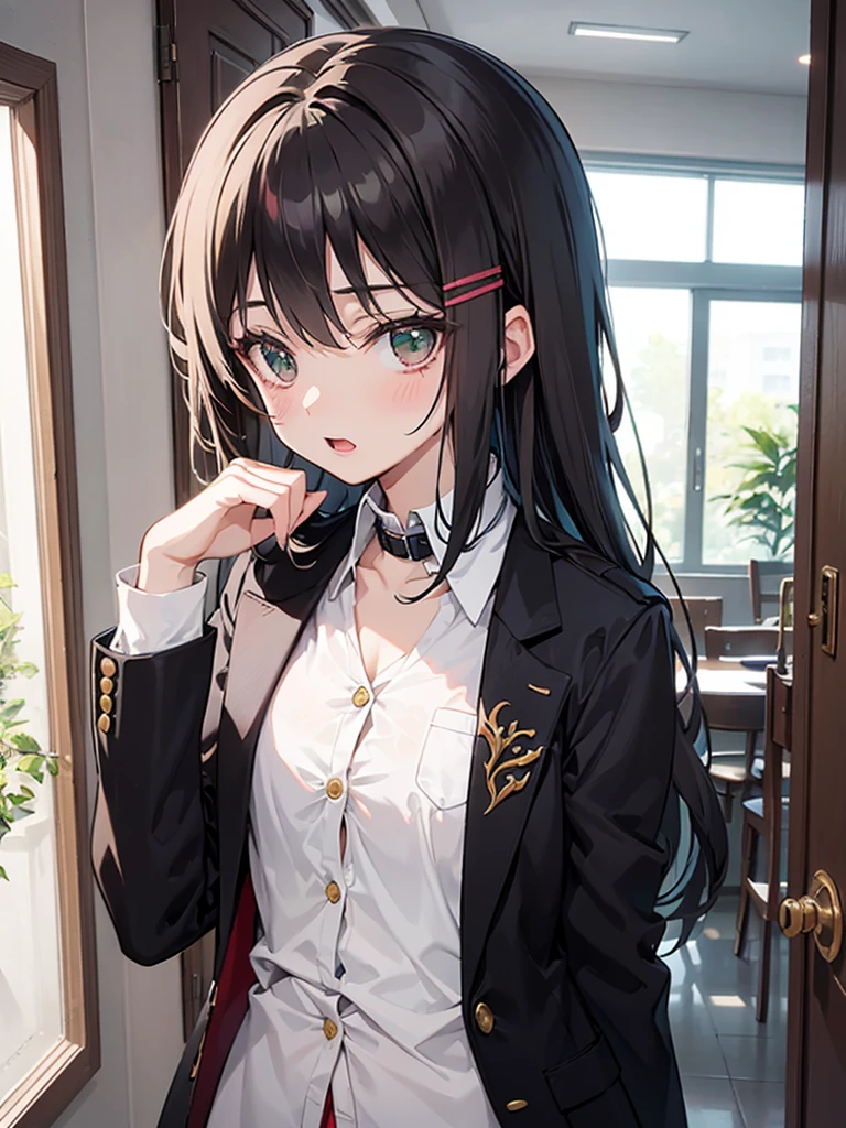 a female character drawn in an anime style. She has long, straight black hair with a subtle brown shade at the tips, parted in the middle with two hair clips on the left side. Her eyes are wide and detailed with red irises and bright yellow accents, suggesting a sense of intensity or supernatural ability. She has a fair complexion with a neutral expression, slightly open mouth, and a small blush on her cheeks. She’s wearing a dark green and white with a distinctively styled collar, white cuffs, and two rows of golden buttons on her blazer, which is unbuttoned, exposing a white shirt underneath. The sleeves of the blazer are oversized, covering her hands entirely. The background is blurred, suggesting an indoor setting with natural light, perhaps a corridor with windows on the side.