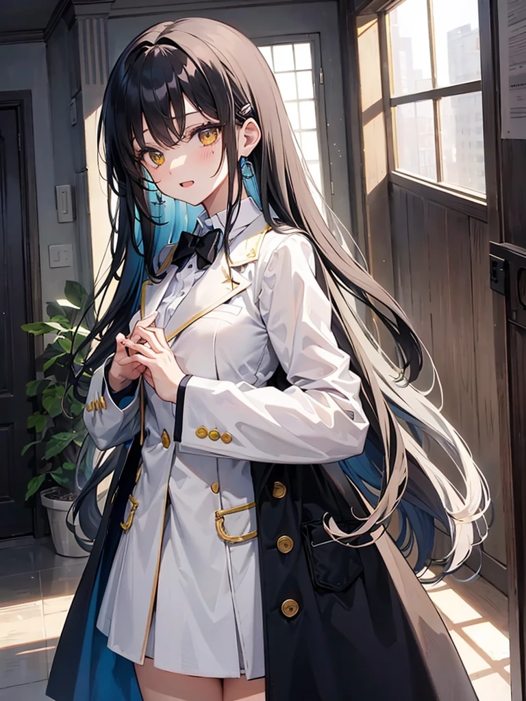 a female character drawn in an anime style. She has long, straight black hair with a subtle brown shade at the tips, parted in the middle with two hair clips on the left side. Her eyes are wide and detailed with red irises and bright yellow accents, suggesting a sense of intensity or supernatural ability. She has a fair complexion with a neutral expression, slightly open mouth, and a small blush on her cheeks. She’s wearing a dark green and white with a distinctively styled collar, white cuffs, and two rows of golden buttons on her blazer, which is unbuttoned, exposing a white shirt underneath. The sleeves of the blazer are oversized, covering her hands entirely. The background is blurred, suggesting an indoor setting with natural light, perhaps a corridor with windows on the side.