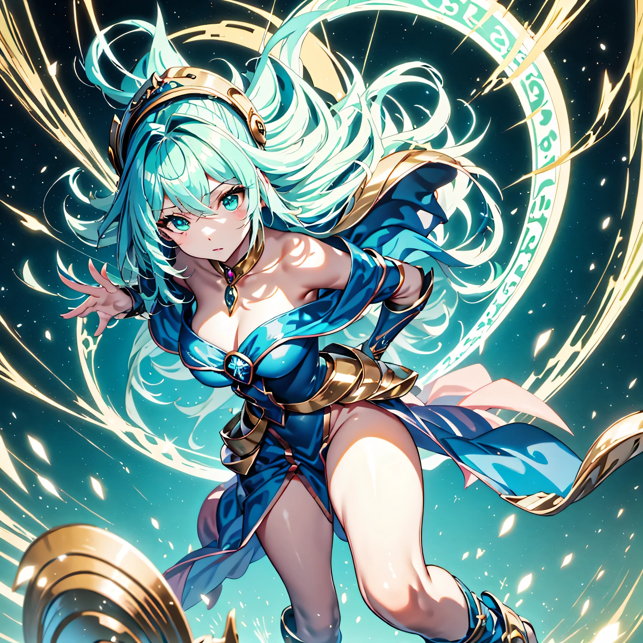 garota anime com longos cabelos loiros e vestido azul em frente a um lustre, Bela Maga Celestial, trends on artstation pixiv, divindade de cabelos brancos, deusa dos animes, cushart krenz arte chave feminino, waifu de anime fofo em um lindo vestido, fada astral, portrait knights of the zodiac girl, arte digital no pixiv, arte oficial altamente detalhada