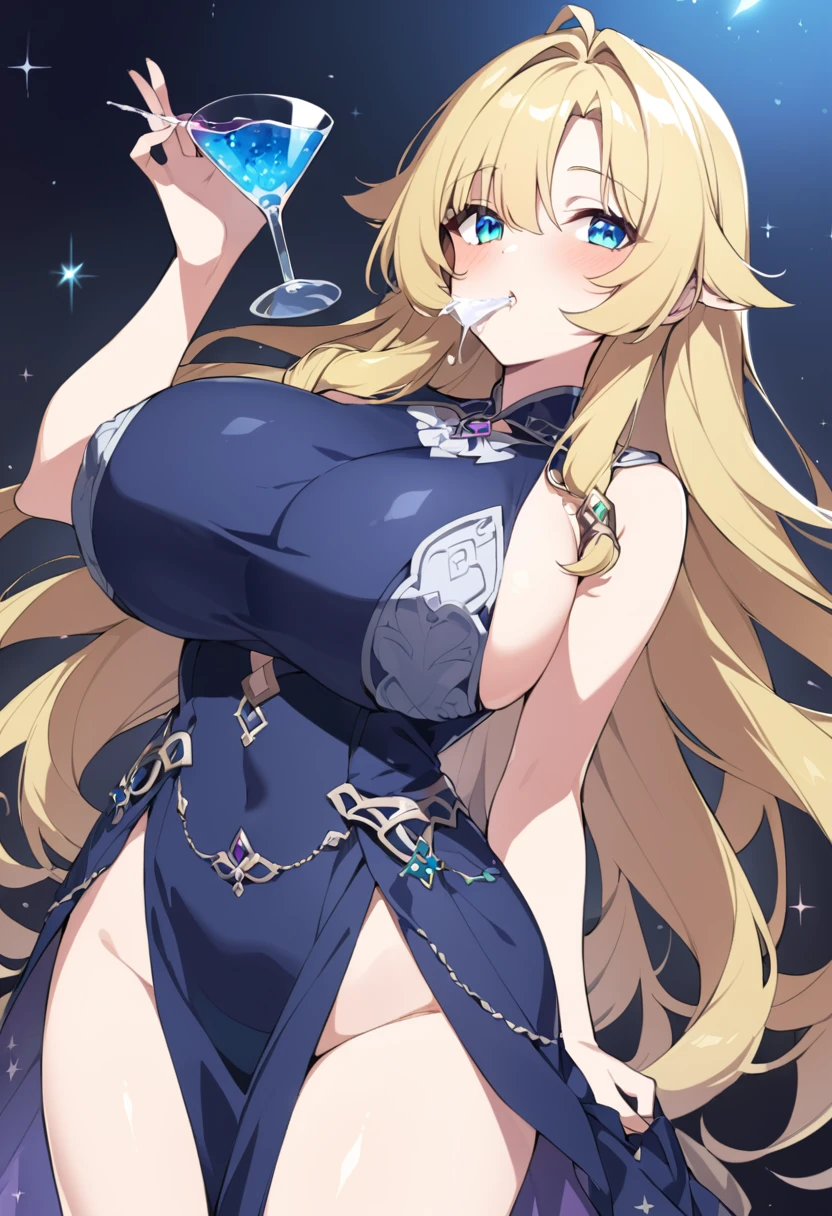 Her mother gave her something to drink Esmeralda, 18 years old, long blonde hair, blue eyes, , sexy dark b dress with diamond sparkles, she was drinking a potion in a glass and she stayed still, she didn't move and her breasts grew tto be real. huge
