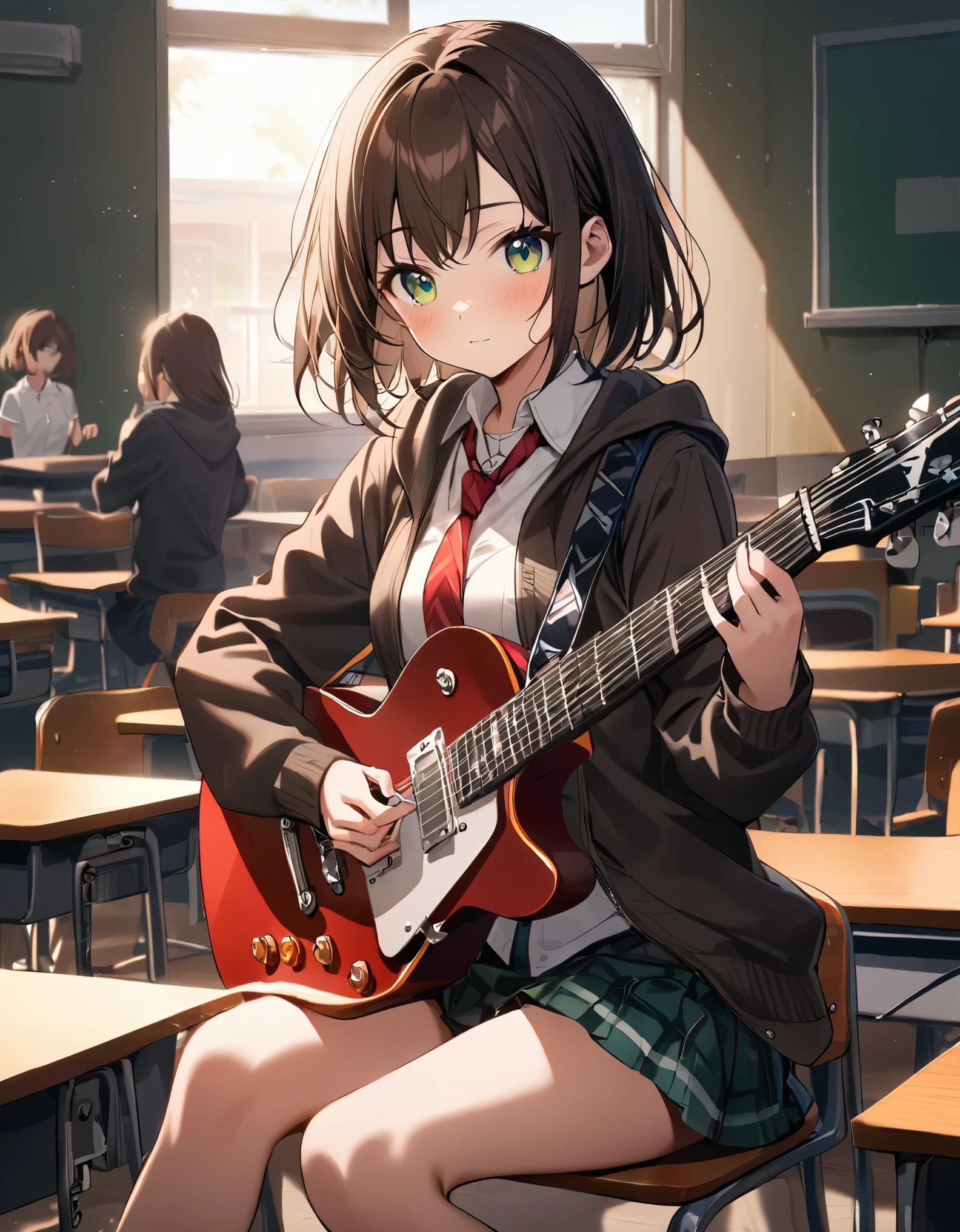 1girl, high school student, dark brown hoodie jacket, white shirt, red ribbon bow necktie, pleaded skirt, miniskirt, bare legs, black socks, brown shoes, jet black hair, short hair, green eyes, beautiful detailed eyes, beautiful detailed face, cute face, medium breasts, age 16-18, solo, solo focus, (playing guitar, electric guitar), classroom backdrop, warm lighting, empty classroom