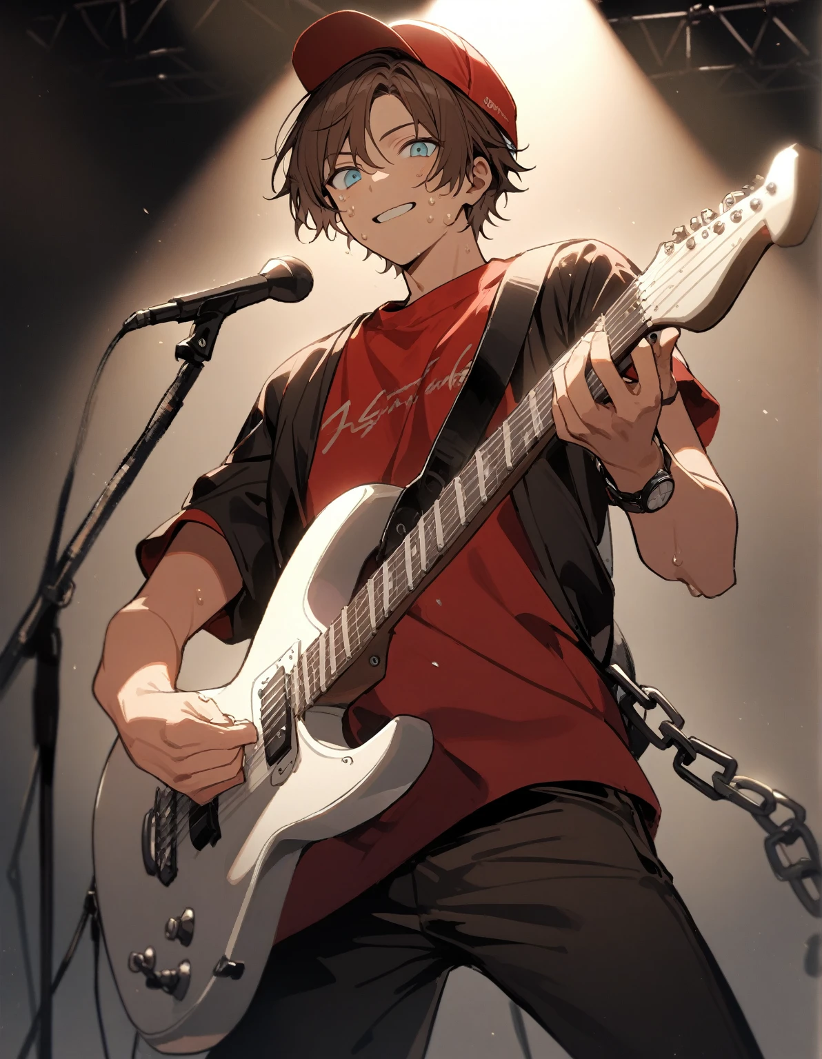 1 guy, teenager, aquamarine eyes,brown hair with short bangs, looks at the viewer, wears a red T-shirt with a black bolero and black pants, chains, red cap on his head, black electronic watch on his hand, plays guitar, white guitar, on stage, spotlight, performance, bottom view, sweat on the face, happy, gentle tones