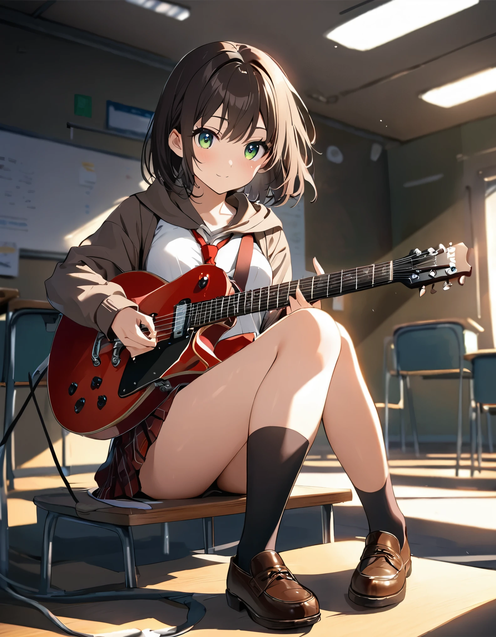 1girl, high school student, dark brown hoodie jacket, white shirt, red ribbon bow necktie, pleaded skirt, miniskirt, bare legs, black socks, brown shoes, jet black hair, short hair, green eyes, beautiful detailed eyes, beautiful detailed face, cute face, medium breasts, -18, solo, solo focus, (playing guitar, electric guitar), classroom backdrop, warm lighting, empty classroom