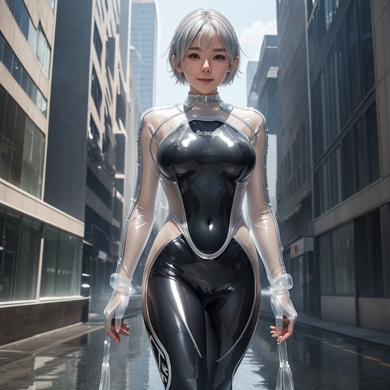 (silver hair、girl、short hair、big breasts、big breasts、smile)(transparent fabric、shiny material、SF suit made of clear material like a wetsuit、A variety of transparent materials that allow skin to be seen、thin fabric)NSFW