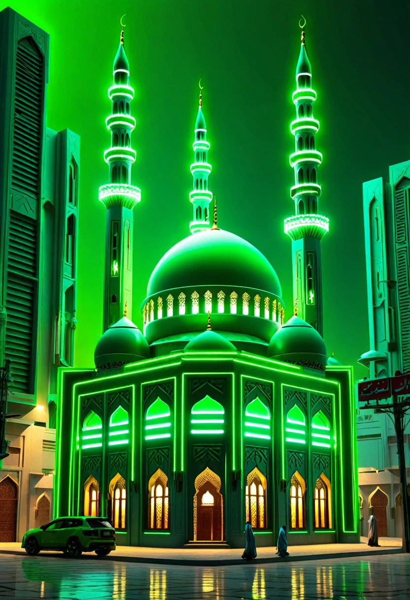 Cyberpunk masjid Iedmubarak neon green high quality good background