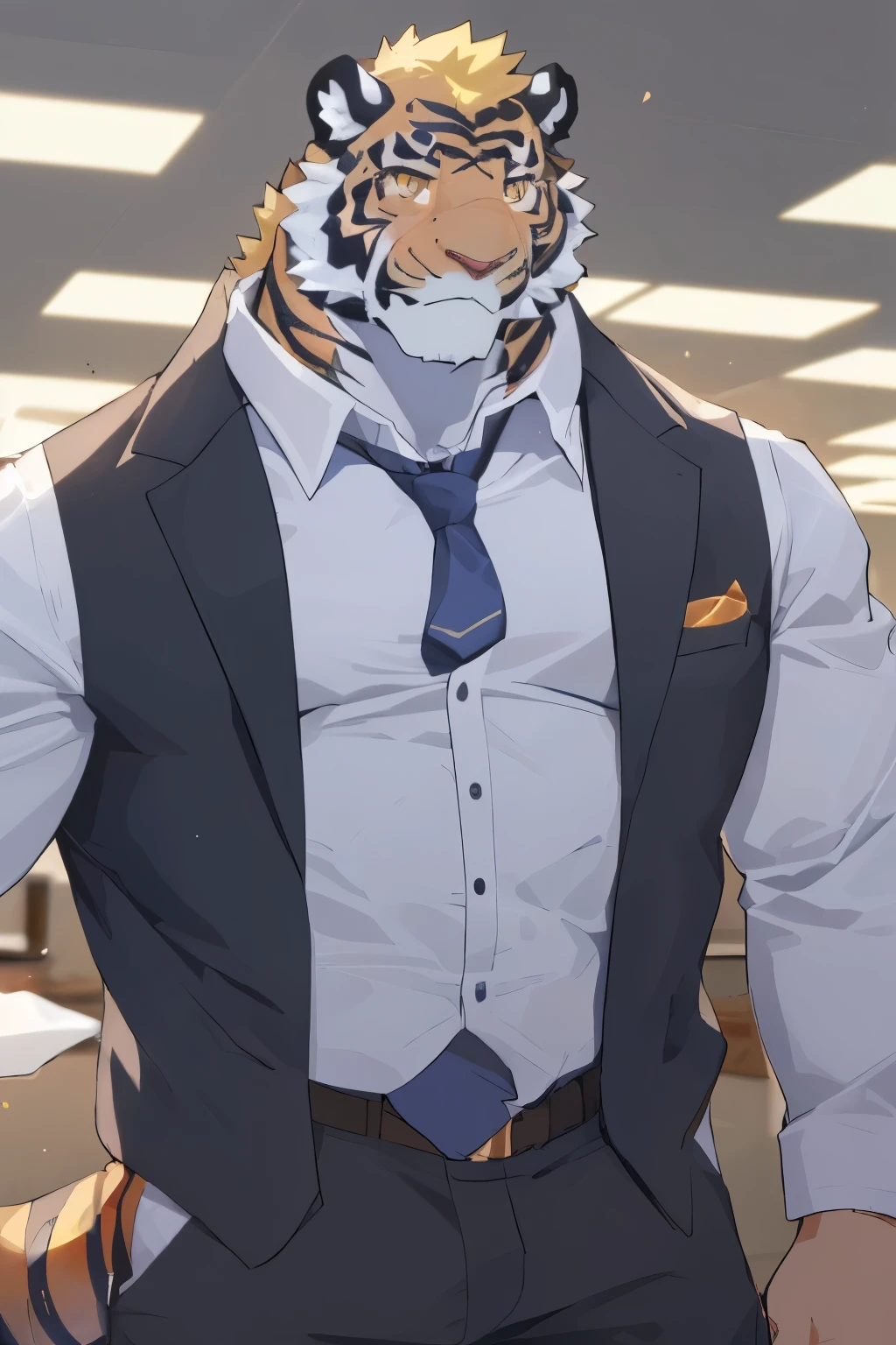 young,Handsome,tiger orc,male,Muscles。His orange fur has distinctive tiger stripes,His facial features are domineering and heroic,Golden eyes are unique and beautiful。He wears a suit,Sit in the office,chest muscles,abdominal muscles,,Unique lighting,Perfect body,Facing the camera,Panoramic view of the room,Smile,Beautiful fur,Decorated office