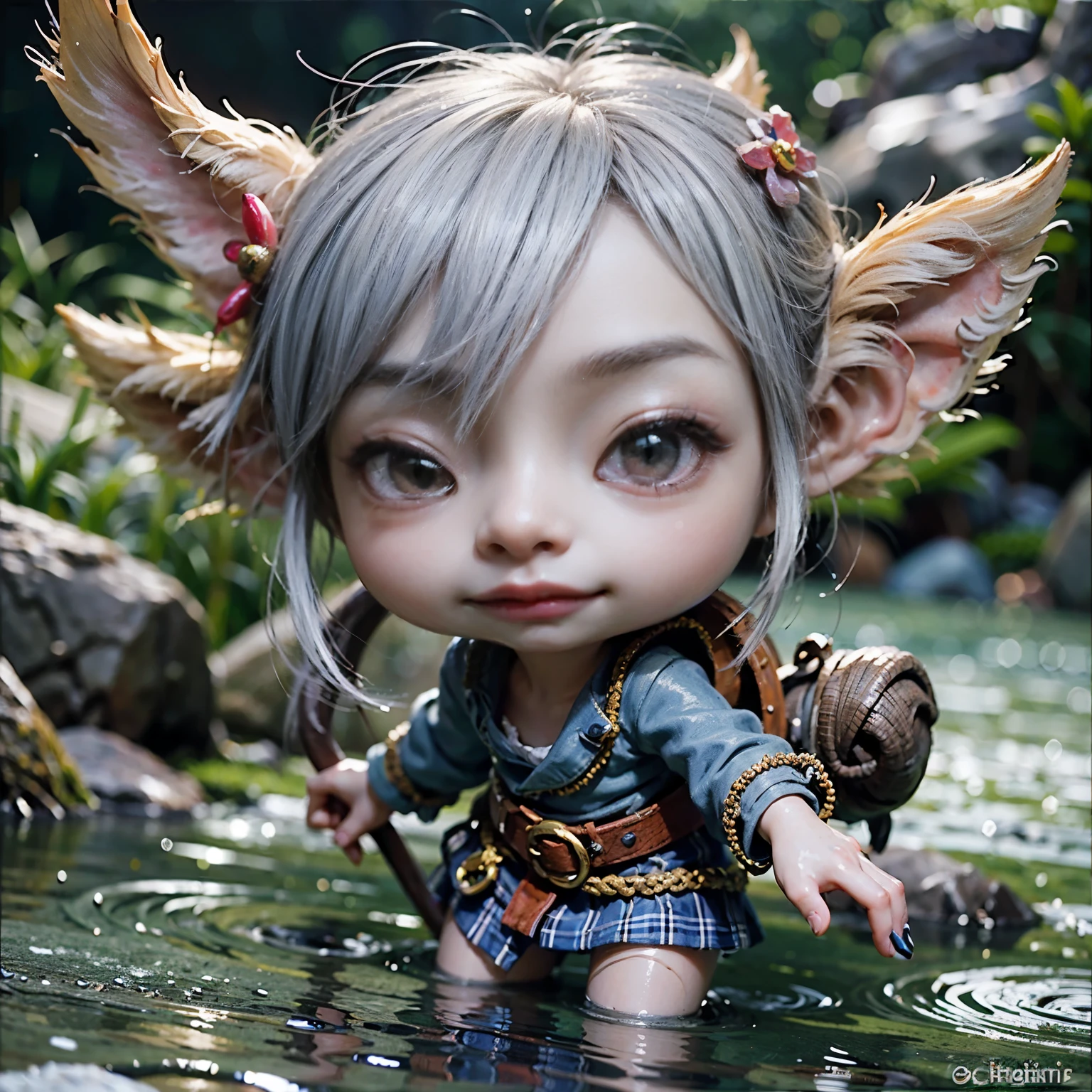 masterpiece、highest quality、Super realistic、Super detailed、female goblin、very cute face、gray hair,shortcut、Simple clothes、Playing in the clear water of the river