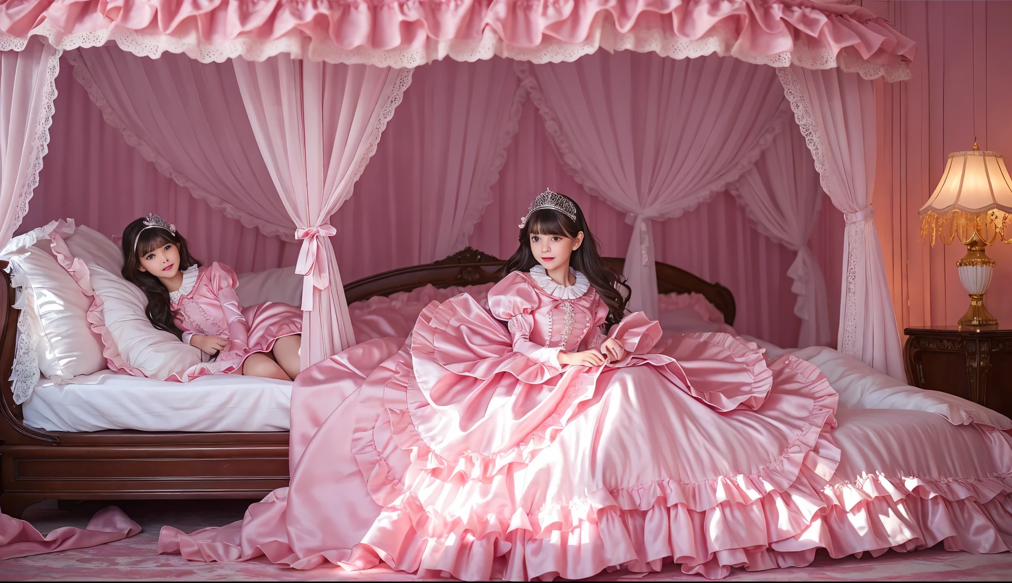 ,highest quality, masterpiece, highest resolution, artwork, super それにget used to it, many get used to it, get used to it, それにget used to it, 3K realistic photos,,((10 year old little girls)),Super detailed baby face,Both are princesses,detailed luxury tiara,Full length ball gown dress with hoop skirt,ruffled yoke collar,Detailed braided ribbon on chest,puff sleeves,long sleeve,((lolita style hot pink princess satin dress、Comes with lots of frills and ribbons。)),crazy'Colorful Fashion,shiny silk satin dress,soft and smooth silk satin fabric,luxury,Very long blonde hair,blue eyes,white skin european,pajamas,((inside the palace)),Princess dancing happily,gorgeous flowing dress,fine white frills and lace,Super long hair that is as tall as your body,white long socks,drawers with lots of frills,castle bedroom at night,Super long flowing hair,on the bed,豪華な天蓋付きon the bed,巨大な広いon the bed,Pink pillow with lots of frills,Silk satin pink curtains with luxurious ruffles and ribbons surround the bed,Princess sitting on bed,Pillows piled up behind the princess,A princess leaning on a pile of pillows,Long hair scattered like a fan on the bed,(((Both legs are completely hidden inside the dress.))),((((Round futon)))),((((A large ruffled futon that covers the entire bed)))),detailed comforter,Detailed bed sheets,