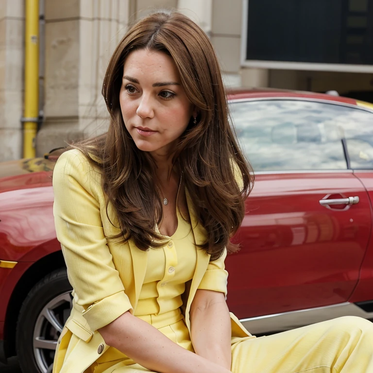 Kate Middleton dressed in a blazer and yellow and pink dress pants