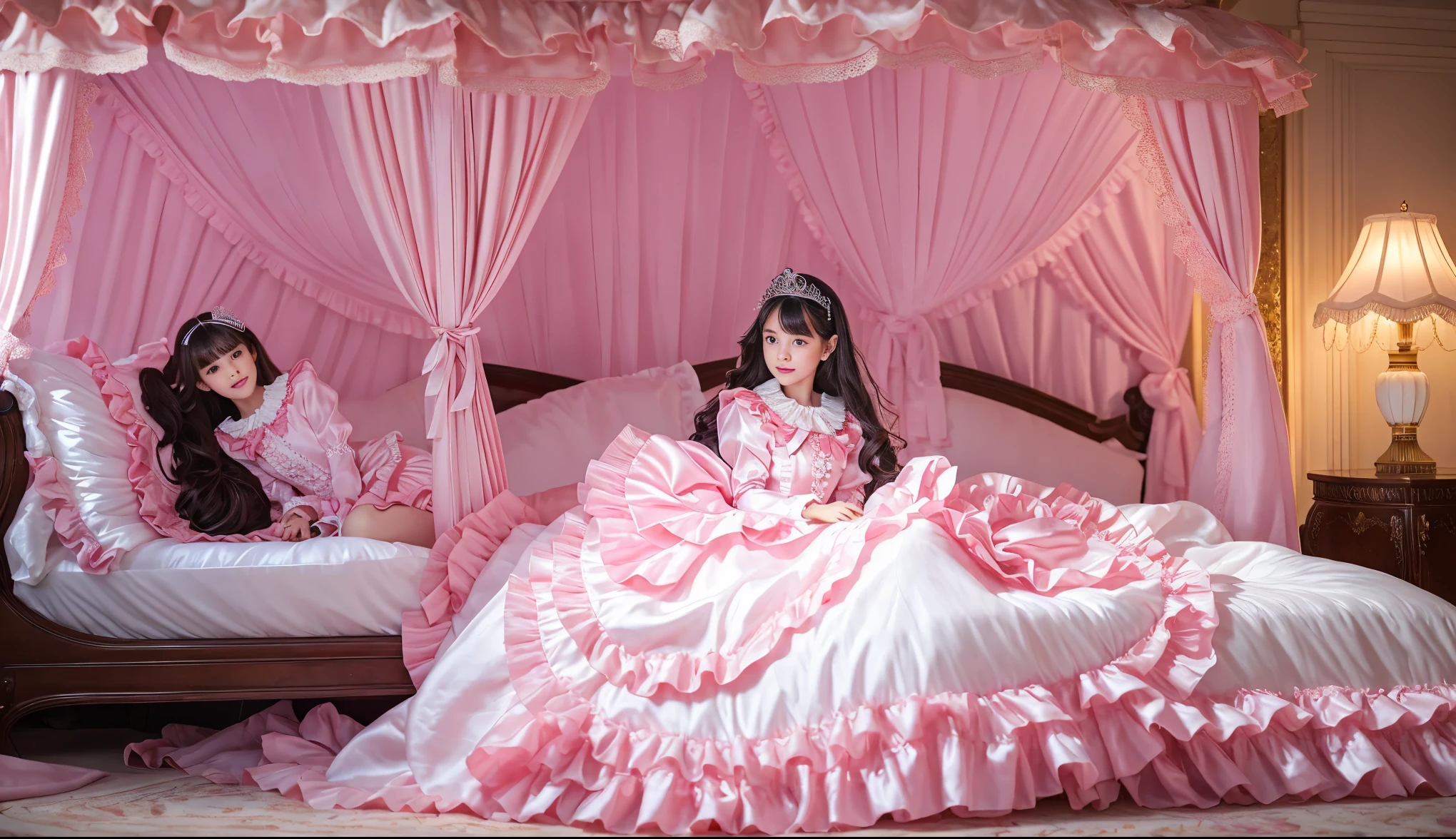 ,highest quality, masterpiece, highest resolution, artwork, super それにget used to it, many get used to it, get used to it, それにget used to it, 3K realistic photos,,((10 year old s)),Super detailed baby face,Both are princesses,detailed luxury tiara,Full length ball gown dress with hoop skirt,ruffled yoke collar,Detailed braided ribbon on chest,puff sleeves,long sleeve,((lolita stylt pink princess satin dress、Comes with lots of frills and ribbons。)),crazy'Colorful Fashion,shiny silk satin dress,soft and smooth silk satin fabric,luxury,Very long blonde hair,blue eyes,white skin european,pajamas,((inside the palace)),Princess dancing happily,gorgeous flowing dress,fine white frills and lace,Super long hair that is as tall as your body,white long socks,drawers with lots of frills,castle bedroom at night,Super long flowing hair,on the bed,豪華な天蓋付きon the bed,巨大な広いon the bed,Pink pillow with lots of frills,Silk satin pink curtains with luxurious ruffles and ribbons surround the bed,Princess sitting on bed,Pillows piled up behind the princess,A princess leaning on a pile of pillows,Long hair scattered like a fan on the bed,(((Both legs are completely hidden inside the dress.))),((((Round futon)))),((((A large ruffled futon that covers the entire bed)))),detailed comforter,Detailed bed sheets,