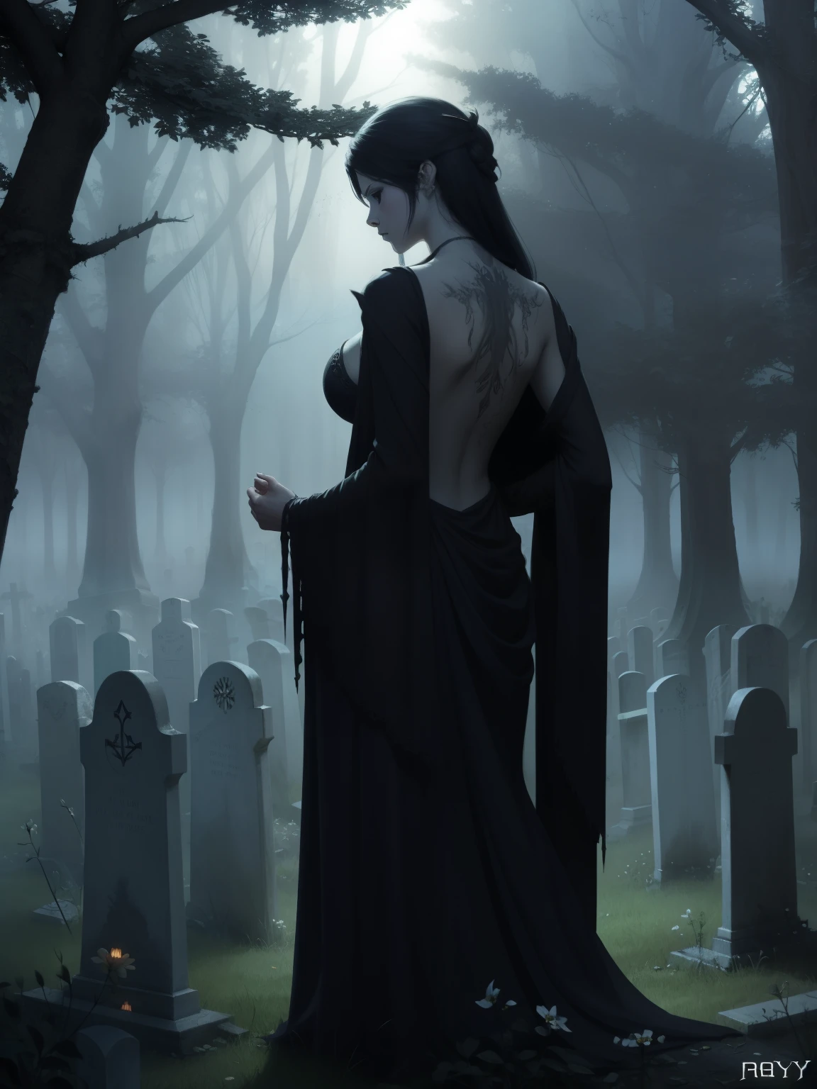 woman, goth, ethereal mist, Royo, backlit, graveyard in background, fantasy concept art  , perform rituals in the cemetery ((very small breasts )),weak unhealthy ,(((very thin))) 