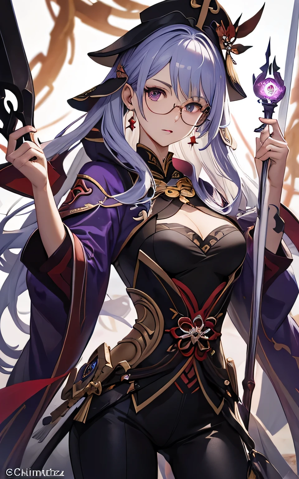 anime - style image of a woman in a purple coat and black pants, cushart krenz women's key art glasses, artgerm extremamente detalhado, estilo artgerm, keqing do impacto genshin, das meninas da linha de frente, retrato completo do elementalista, xianxia de corpo inteiro, Pose elegante real, Astri Lohne holding a magic staff with a skull on the end