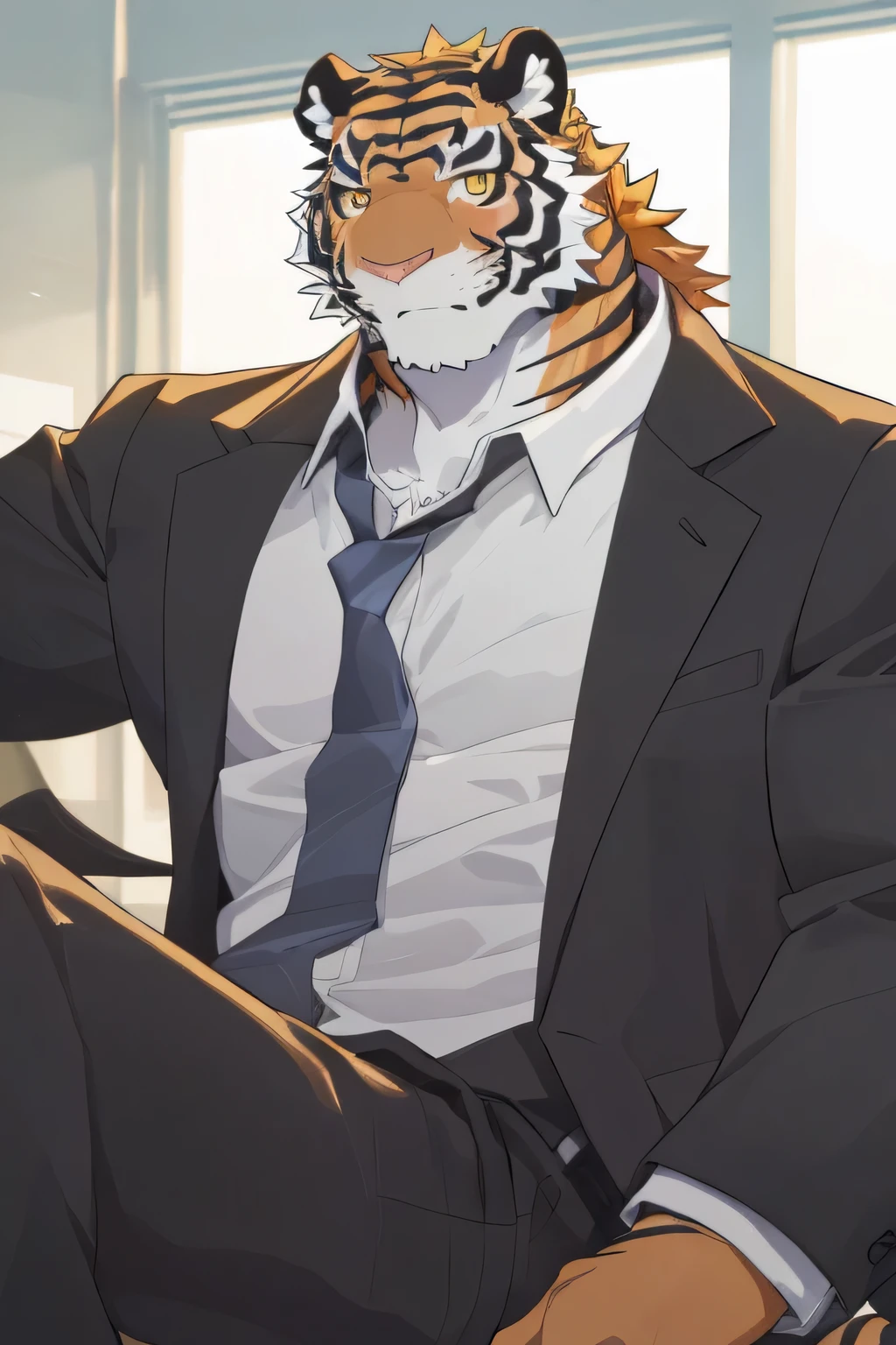 young,Handsome,tiger orc,male,Muscles。His orange fur has distinctive tiger stripes,His facial features are domineering and heroic,Golden eyes are unique and beautiful。He wears a suit,Sit in the office,chest muscles,abdominal muscles,,Unique lighting,Perfect body,Facing the camera,Panoramic view of the room,Smile,Beautiful fur,Decorated office
