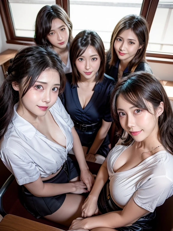 (masterpiece, professional lighting, 16k, 8k wallpaper, Raw photo, realistic:1.4, Super detailed, natural gentle lighting, fine skin, detailed face, fine eyes, realistic skin), (((4 girls))) group shot, Portrait of four stunningly beautiful 18-year-old Japanese high school girls, short bob、ponytail,wavy hair, sitting at a desk by the window, colorful lingerie, panties, shirt、skirt, cleavage, big breasts, big breasts, view from above, looking at the viewer、Insulting the viewers、smile、white teeth