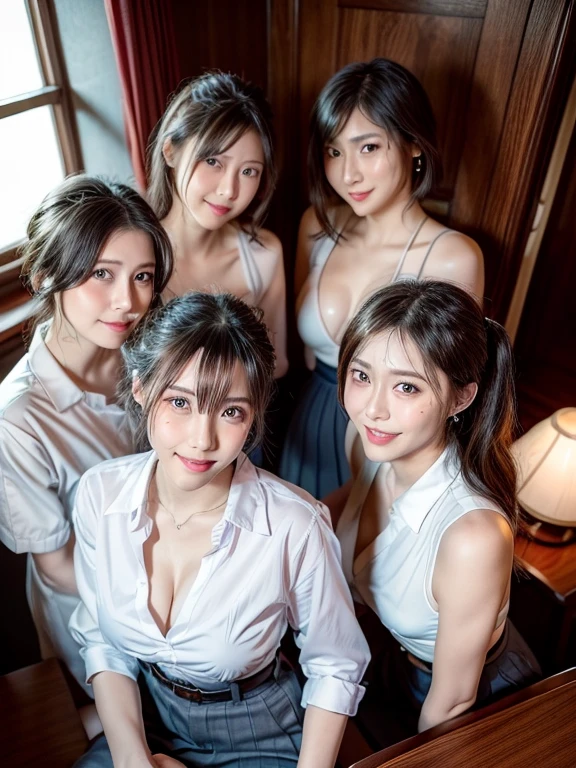 (masterpiece, professional lighting, 16k, 8k wallpaper, Raw photo, realistic:1.4, Super detailed, natural gentle lighting, fine skin, detailed face, fine eyes, realistic skin), (((4 girls))) group shot, Portrait of four stunningly beautiful 18-year-old Japanese high school girls, short bob、ponytail,wavy hair, sitting at a desk by the window, colorful lingerie, panties, shirt、skirt, cleavage, big breasts, big breasts, view from above, looking at the viewer、Insulting the viewers、smile、white teeth