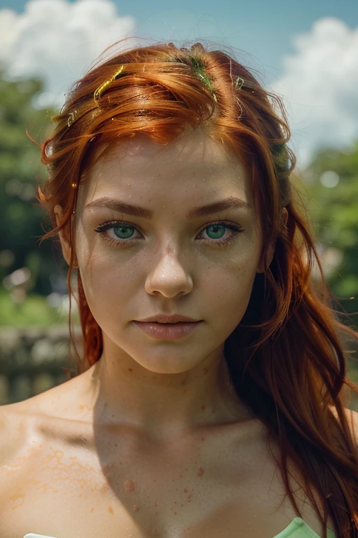 (close up portrait)) 20 year old girl, scottish japanise mix ((bright fiery red hair cascading like molten silk)), slender fit, athletic build . lightly tanned skin. (((bright green eyes))), ultra real, cinematic, high detail, ((no eyeshadow)) 